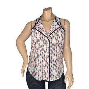 Porridge Top Pineapple Print Sleeveless White Base Blue Trim Pullover Size L